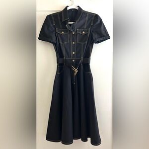 Vintage Gucci Black Cotton Poplin Belted Midi Dress Size 40 M